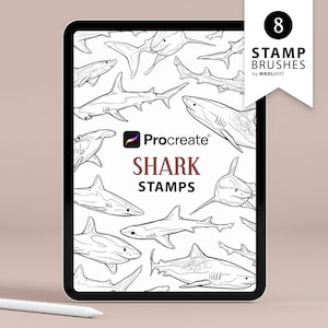 8 sellos de procreación de tiburones. Gran diseño de tatuaje de tiburón blanco. Sellos de tiburón martillo. Imágenes Prediseñadas de tiburón. Sellos de línea de animales marinos para Procreate
