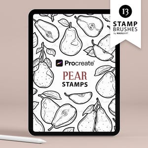 13 timbri Procreate a forma di pera. Contorno tatuaggio a forma di pera. Timbri frutta estiva. Stencil fette e pezzi di pera. Timbri Procreate Line Brush. Arte a forma di pera.