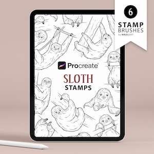6 sellos de procreación de perezosos. Diseño de tatuaje de perezoso perezoso. Pinceles de arte de animales exóticos. Lindo contorno de sellos de perezoso bebé. Sellos para Procreate en iPad