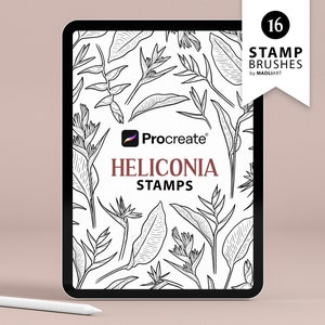 16 timbres de procréation de fleurs Heliconia. Art de tatouage d'oiseau de paradis. Dessin au trait de fleurs tropicales. Contour de la plante de la jungle. Procréer des pinceaux.