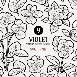 Lot de 9 cliparts SVG fleur violette. Floraison printanière. Dessin au trait de bouquet de fleurs. Contour vectoriel violet. Art de fleurs sauvages. PNG et SVG
