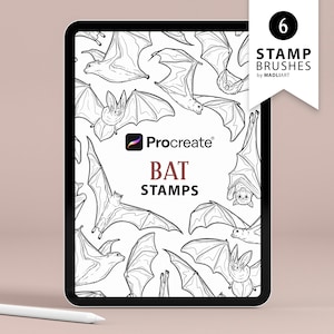 6 znaczków Procreate Bat. Projekt tatuażu Fruit Bat. Pędzle do rysowania linii Flying Fox. Zestaw konturów Long-Eared Bat. Znaczki do rysowania dla Procreate iPad