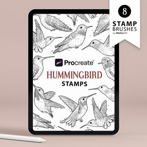 8 Maak kolibrie-stempels opnieuw. Kleine vogel tattoo ontwerp. Birdy lijntekeningenborstels. Vleugels overzicht Set. Stempels tekenen voor Procreate op iPad