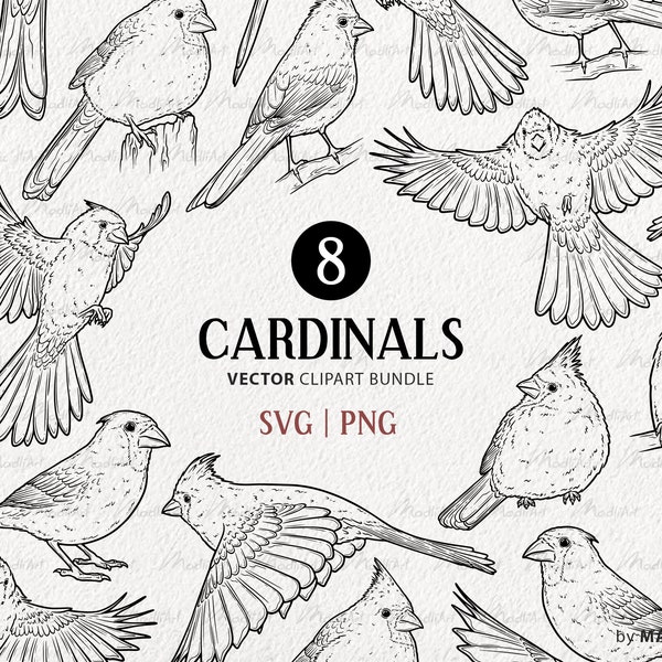 Cardinal Vector Clipart Bundle. Little Red Birds. Flying Birds Outline Set. Bird Line Art. Winter Bird Drawing. Commercial Use SVG & PNG