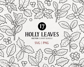 May include: A black and white vector clipart bundle of 17 holly leaves. The design includes detailed illustrations of holly leaves and berries, ideal for festive crafts and designs. The text "HOLLY LEAVES" and "VECTOR CLIPART BUNDLE" are also included.