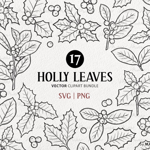 Christmas Holly Vector Clipart Bundle. Mistletoe SVG Leaves. Xmas Line Illustrations. Winter Holiday Plant Decor. Holiday art.PNG & SVG