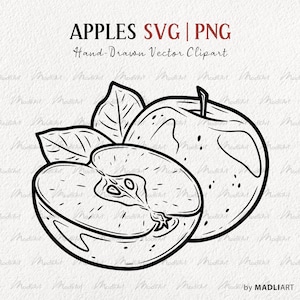 Clipart SVG pomme. Dessin au trait vectoriel pomme. Illustration de la ligne de fruits pomme d'automne. Conception de tatouage de pomme. Fichiers PNG et SVG