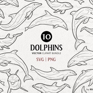 Lot de 10 dauphins Vector Clipart. Ensemble d’art au trait SVG animal océan. Contour du grand dauphin. Mammifères marins de plage. Dessin au trait PNG et SVG