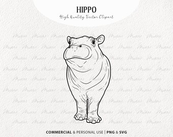 Baby Hippo SVG Clipart. Hippopotamus vector drawing. Hippo line art. Hippo black outline tattoo. Jungle animal drawing. Commercial PNG & SVG