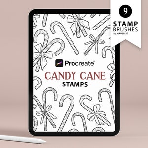May include: A digital tablet screen displaying a set of 9 Procreate stamp brushes featuring candy canes with bows. The text "Candy Cane Stamps" is displayed on the screen.