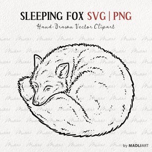 Könnte beinhalten: Schwarz-weiße handgezeichnete Vektor-Clipart eines schlafenden Fuchses, der sich zu einem Ball zusammenrollt. Der Text "SLEEPING FOX SVG | PNG" und "Hand-Drawn Vector Clipart" sind ebenfalls enthalten.
