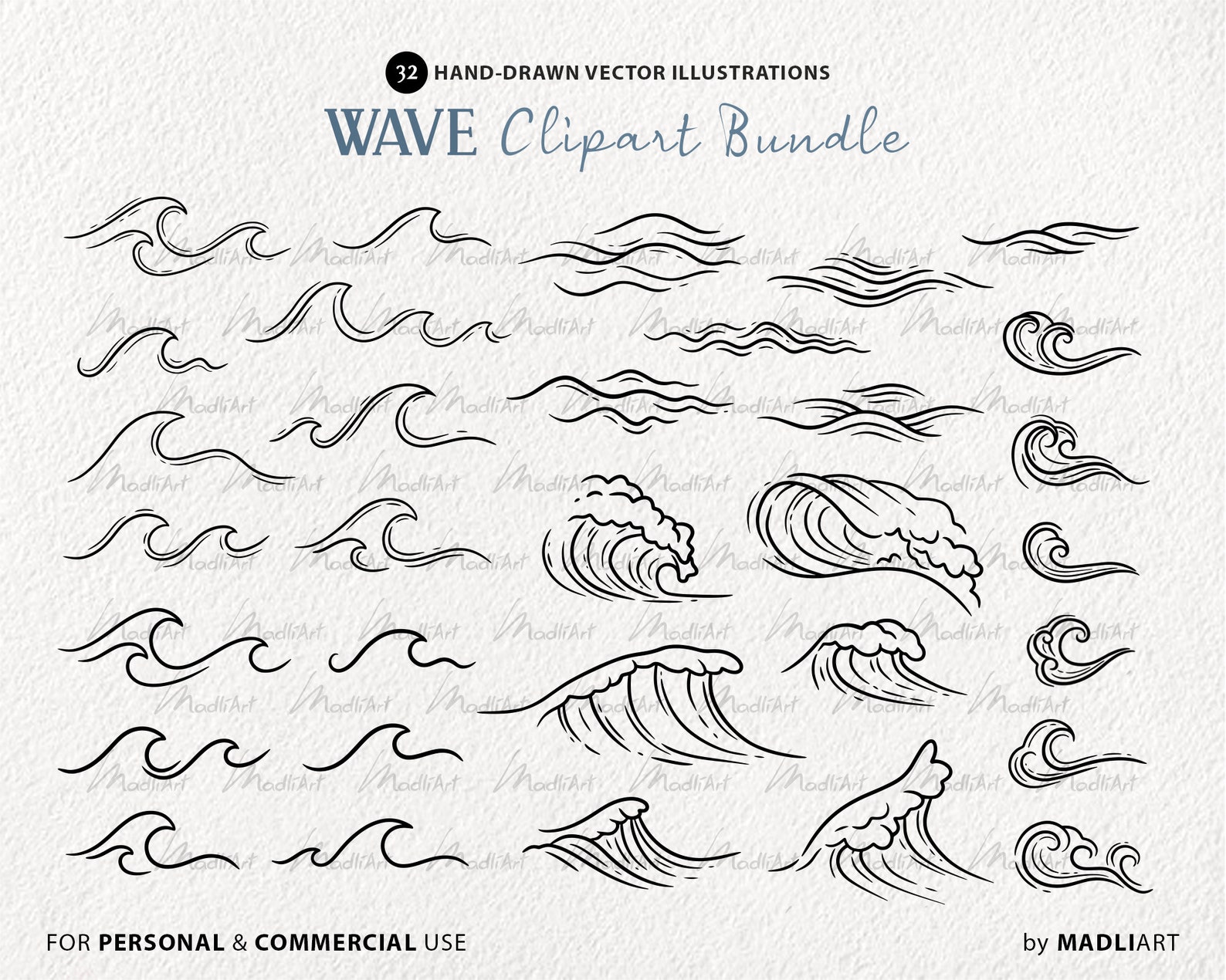 32 Waves Vector Clipart. Hand Drawn Wave Line Graphics. Beach Sea Art ...