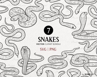 May include: A set of seven black and white line drawings of snakes in various poses. The drawings are on a white background with the text "7 Snakes Vector Clipart Bundle SVG | PNG" in the centre.