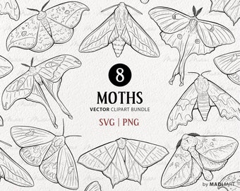 Moth Vector Clip Art Bundle. 8 Celestial Butterfly Stamps. Line Drawings. Magical Luna Moth. Boho Mystical Set. Minimal Bugs. PNG & SVG art