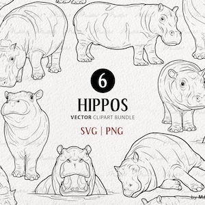 6 Hippos SVG Clipart Bundle. Hippopotamus vector drawings. Baby hippo art. Hippo black outline. Jungle animal line art. Commercial PNG & SVG