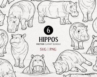 6 Hippos SVG Clipart Bundle. Hippopotamus vector drawings. Baby hippo art. Hippo black outline. Jungle animal line art. Commercial PNG & SVG