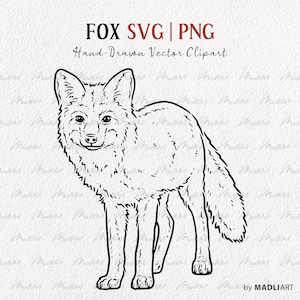 Könnte beinhalten: Schwarz-weiße, handgezeichnete Vektor-Clipart-Illustration eines Fuchses. Der Fuchs steht und blickt nach vorne, mit leicht gebogenem Schwanz. Der Text "FOX SVG | PNG" und "Hand-Drawn Vector Clipart" ist enthalten.