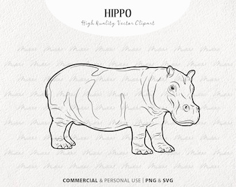 Hippo SVG Clipart. Hippopotamus vector drawing. Hippo line art. Hippo black outline tattoo. Jungle animal line drawing. Commercial PNG & SVG
