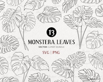 Ensemble de cliparts SVG de feuille de Monstera. 13 feuilles tropicales. Illustrations de lignes vectorielles botaniques. Art minimal de décor de plante de jungle. Fichiers PNG et SVG