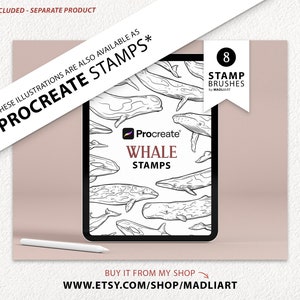 Puede incluir: Una ilustraci&oacute;n digital de una pantalla de tableta que muestra un conjunto de 8 pinceles de sello de ballena Procreate. La ilustraci&oacute;n es en blanco y negro y presenta varias siluetas de ballenas. El texto "Procreate Whale Stamps" se muestra en la pantalla de la tableta. El texto "These illustrations are also available as Procreate Stamps*" se muestra sobre la pantalla de la tableta. El texto "8 Stamp Brushes by Madliart" se muestra en un c&iacute;rculo en el lado derecho de la imagen.