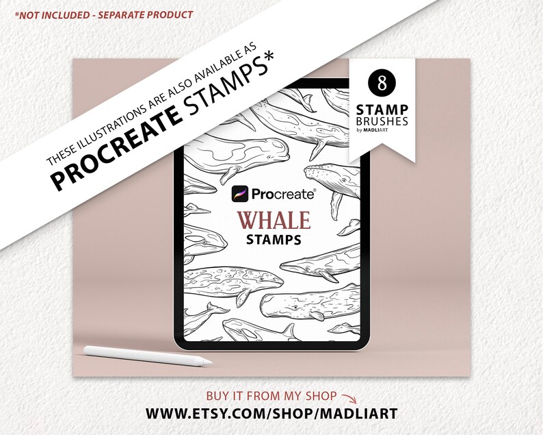 Puede incluir: Una ilustraci&oacute;n digital de una pantalla de tableta que muestra un conjunto de 8 pinceles de sello de ballena Procreate. La ilustraci&oacute;n es en blanco y negro y presenta varias siluetas de ballenas. El texto "Procreate Whale Stamps" se muestra en la pantalla de la tableta. El texto "These illustrations are also available as Procreate Stamps*" se muestra sobre la pantalla de la tableta. El texto "8 Stamp Brushes by Madliart" se muestra en un c&iacute;rculo en el lado derecho de la imagen.