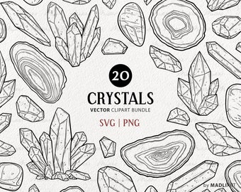 Vektor clipart-paket med himmelska kristaller. 20 mystiska ädelstenar SVG-linjeteckningar. Minimalistisk boho diamantstensuppsättning. Direkt nedladdning.