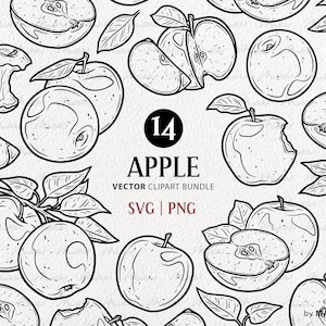 Lot de cliparts SVG pomme. 14 pommes vectorielles. Fruits de pommiers, feuilles, branches Illustrations au trait. Fichiers PNG et SVG