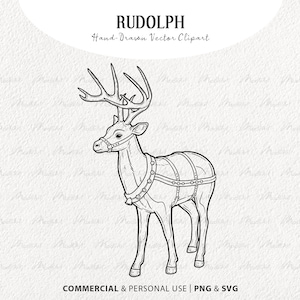 Rudolph SVG Clipart. Santas Reindeer Vector Outline. Christmas Deer Line Art. Winter Sleigh Animal. PNG & SVG Commercial Use