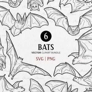 6 Bats SVG Clipart. Latający nietoperz Wektorowa Sztuka. Rysunek Linii Owocowego Nietoperza. Zarys Długouchy Nietoperza. Latający Lis Wampir Zwierzę. Komercyjny PNG i SVG