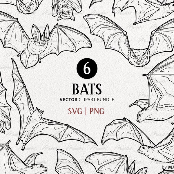 6 Bats SVG Clipart. Flying Bat Vector Art. Fruit Bat Line Drawing. Long-Eared Bat Outline. Flying Fox Vampire Animal. Commercial PNG & SVG