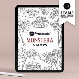 May include: A digital illustration of 13 Procreate stamps featuring monstera leaves. The text "Procreate" and "Monstera Stamps" is displayed on the image.