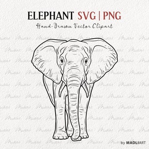 Puede incluir: Dibujo de línea de la cabeza y el cuerpo de un elefante. El elefante está de frente con la trompa baja. El dibujo es en blanco y negro y tiene un fondo texturizado.