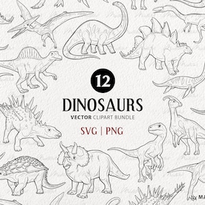 Pacchetto di clipart SVG di 12 dinosauri. T-Rex, Triceratopo, Velociraptor. Insieme di arte di Jurassic Park di vettore. Grafica del file Dino Cut. Set PNG commerciale
