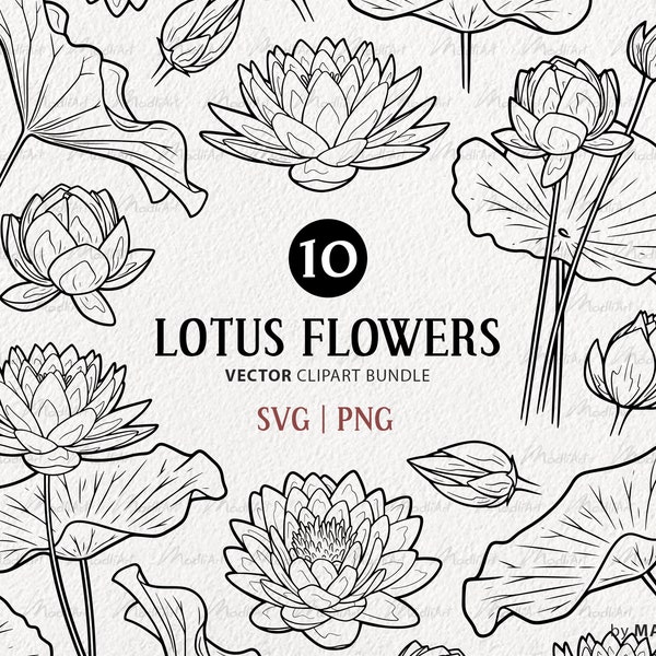10 Lotus Flower SVG Bundle. 4 Water Lily Clipart Line Drawings. Lotus Blossom Outline. Celestial Water Flower Vector Art. SVG & PNG files
