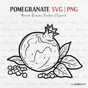 Pomegranate SVG Clipart. Pomegranate Vector Line Drawing. Pomegranate Tropical Fruit Outline. Pomegranate Seeds, Leaves. PNG & SVG files