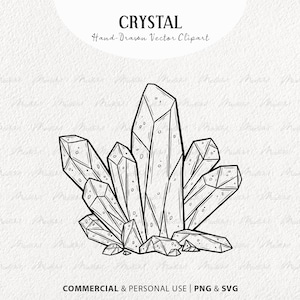 May include: A black and white line drawing of a crystal cluster. The crystal is drawn in a detailed style with many facets and edges. The crystal is a popular symbol of healing and spirituality.