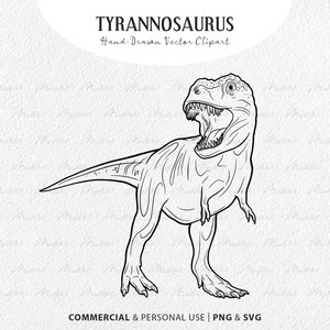 May include: A black and white line drawing of a Tyrannosaurus Rex dinosaur with its mouth open, roaring. The dinosaur is standing on all fours with its tail raised. The image is labeled "Tyrannosaurus" and "Hand-Drawn Vector Clipart".