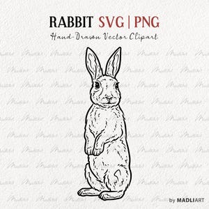 May include: A black and white hand-drawn vector clipart of a rabbit standing upright. The image includes the text "RABBIT SVG | PNG" and "Hand-Drawn Vector Clipart". The artist's name, MADLIART, is also visible.