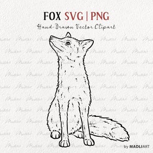 Könnte beinhalten: Schwarz-weiße, handgezeichnete Vektor-ClipArt eines Fuchses, der aufrecht sitzt und nach oben blickt. Das Bild enthält den Text "FOX SVG | PNG" und "Hand-Drawn Vector Clipart". Der Fuchs hat detailliertes Fell und befindet sich vor einem strukturierten Hintergrund.