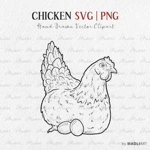 Poulet SVG Clipart. Art vectoriel de poule. Dessin de contour d'oiseau de ferme assis. Dessin au trait d’oiseau. Dessin de poulet. Utilisation commerciale SVG et PNG