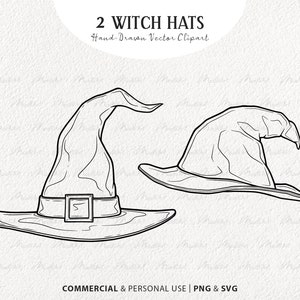 May include: Two black and white witch hats are displayed. One hat has a wide brim and a buckle, while the other has a more relaxed shape. The text "2 WITCH HATS" and "Hand-Drawn Vector Clipart" is at the top. The bottom text reads "COMMERCIAL & PERSONAL USE | PNG & SVG".