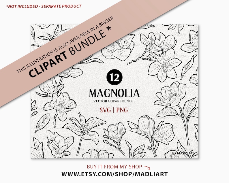 Magnolia SVG Clipart. Magnolia Blossom Vector Illustration. Magnolia Tattoo Stamp. Botanical Magnolia Floral Outline. PNG & SVG image 4