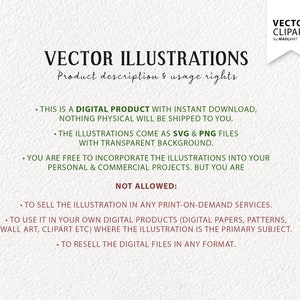 Puede incluir: Una descripci&oacute;n de producto digital que describe los derechos de uso de las ilustraciones vectoriales. El texto indica que las ilustraciones est&aacute;n disponibles en archivos SVG y PNG con fondo transparente y se pueden usar para proyectos personales y comerciales. El texto tambi&eacute;n enumera las restricciones sobre el uso de las ilustraciones, como la venta en servicios de impresi&oacute;n bajo demanda o su uso como tema principal en productos digitales.