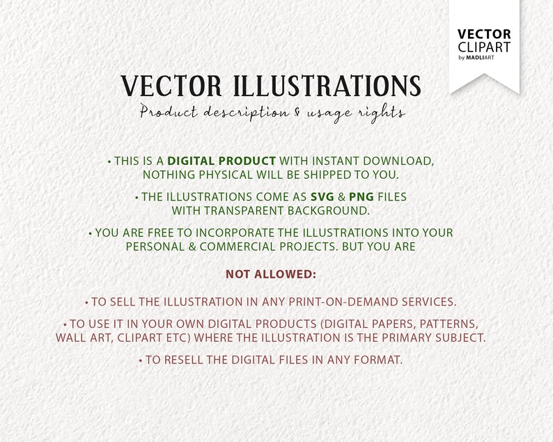 Puede incluir: Una descripci&oacute;n de producto digital que describe los derechos de uso de las ilustraciones vectoriales. El texto indica que las ilustraciones est&aacute;n disponibles en archivos SVG y PNG con fondo transparente y se pueden usar para proyectos personales y comerciales. El texto tambi&eacute;n enumera las restricciones sobre el uso de las ilustraciones, como la venta en servicios de impresi&oacute;n bajo demanda o su uso como tema principal en productos digitales.