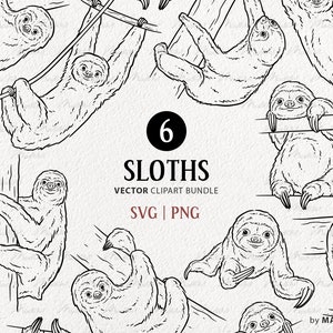 6 Conjunto de imágenes prediseñadas SVG perezoso. Lindas ilustraciones de imágenes prediseñadas de perezoso bebé. Dibujo vectorial de perezoso colgante perezoso. Arte lineal de animales exóticos. Archivos SVG y PNG