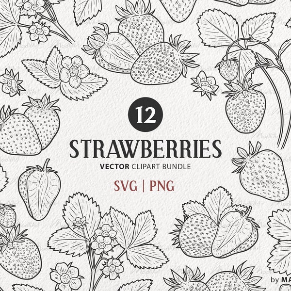 Strawberry SVG Clipart Bundle. 12 Vector Strawberries. Strawberry plant flowers, leaves, berries Line Illustrations. PNG & SVG files