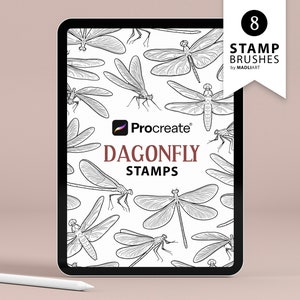 Könnte beinhalten: Eine digitale Illustration von acht Libellen-Stempeln für Procreate. Die Stempel sind schwarzweiß und zeigen verschiedene Libellen-Designs.