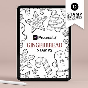 May include: A digital illustration of 12 gingerbread cookie stamps for Procreate. The stamps include a gingerbread man, candy cane, star, and Christmas tree. The image is in black and white.