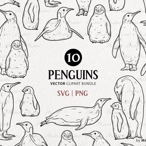 Paquete de imágenes prediseñadas vectoriales de 10 pingüinos. Conjunto de obras de arte SVG del pingüino emperador. Dibujo lineal de pingüino bebé. Arte de aves de invierno ártico. SVG y PNG comerciales