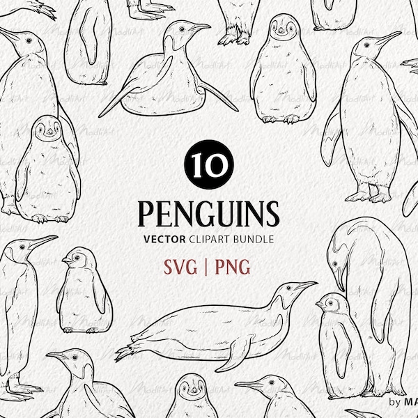 10 Penguin Vector Clipart Bundle. Emperor Penguin SVG Artwork Set. Baby Penguin Line Drawing. Arctic Winter Bird Art. Commercial SVG & PNG